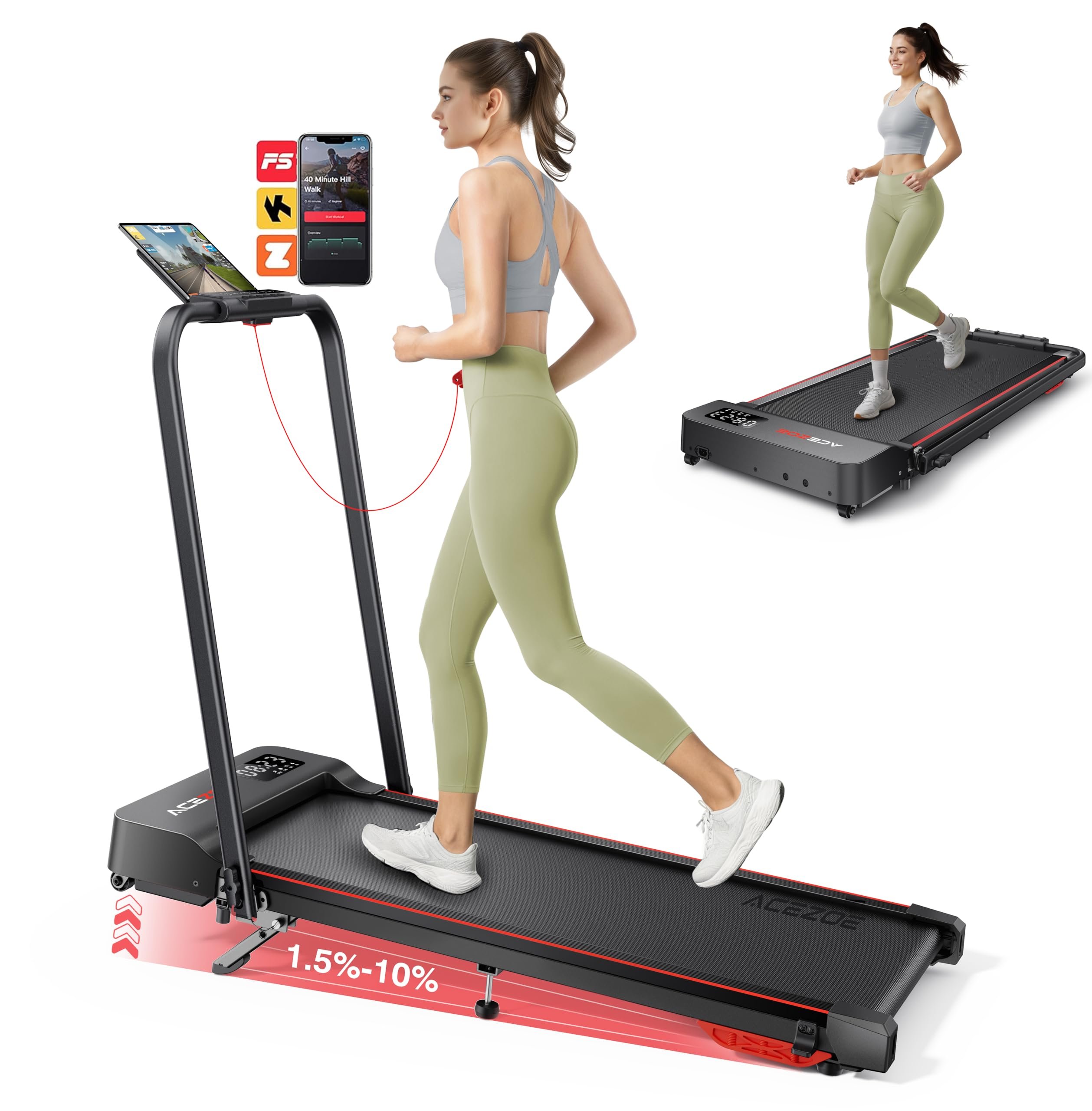 Acezoe Walking Pad with 3-Level 10% Incline, Foldable Treadmill for Home Small Office, Compact Portable Under Desk Treadmill with Handle,Dual LED Display, APP & Remote, 300 lbs Capacity
