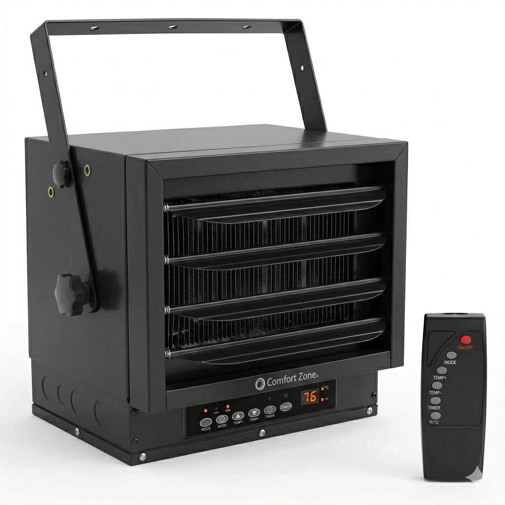 Comfort Zone Hard-Wired Ceiling Mount Garage Space Heater with Remote, 7,500 Watt, 240 Volt, Fan-Forced, Overheat Protection, Digital Thermostat, 12-Hour Timer, Ideal for Garage & Workshop, CZ230ERBK