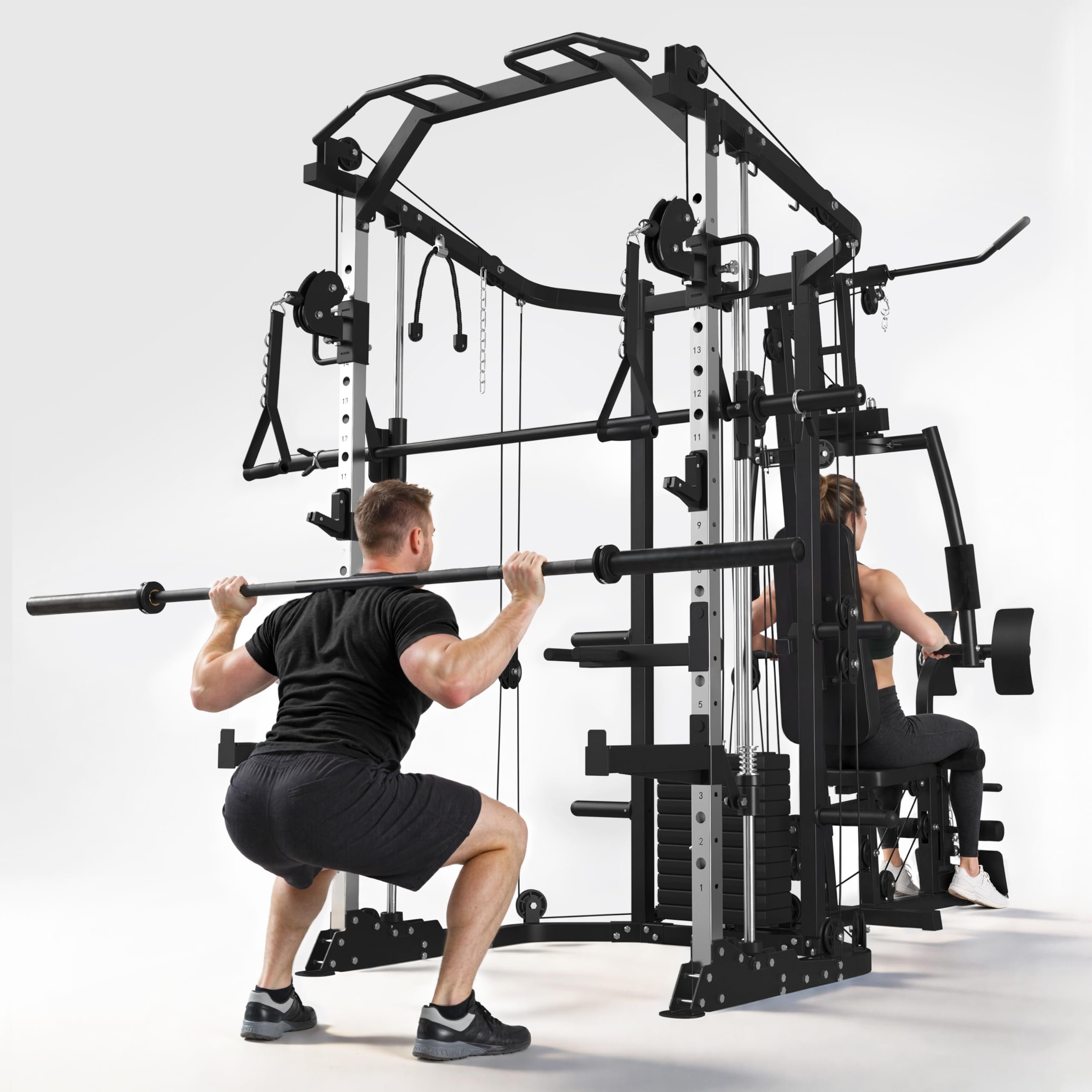 GMWD Dual-Station SmithΔ Machine Power Cage, All-in-One Home Gym Workout Station with 121LB Weight Stacks & Cable Crossover, Professional Functional Trainer for Couples & Family Strength Training