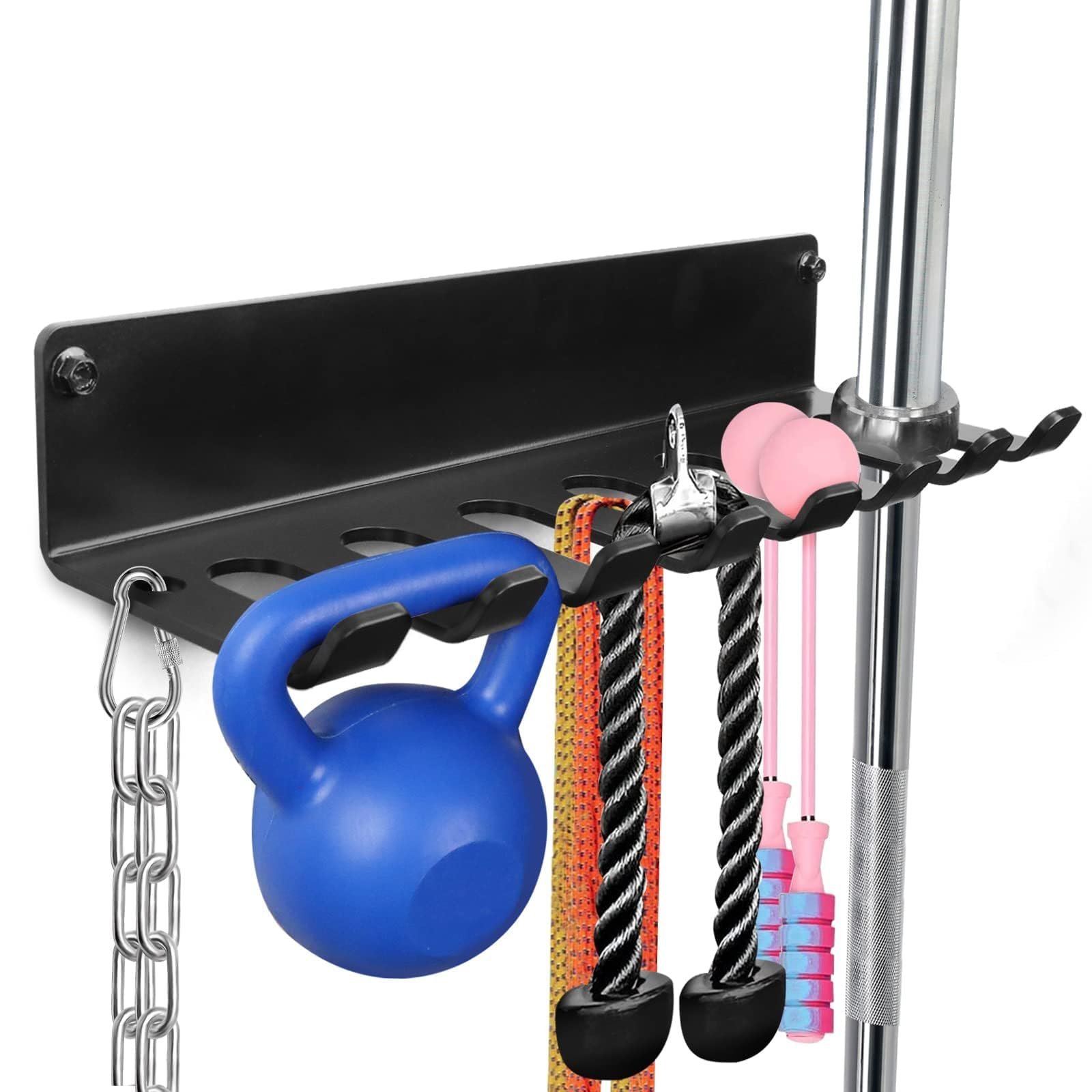 Gym Rack Organizer, Home Gym Accessories Hanger, Wall Mount Hooks for Olympic Barbells, Row Handles, Bats or Tools (E-Book Instruction Included)