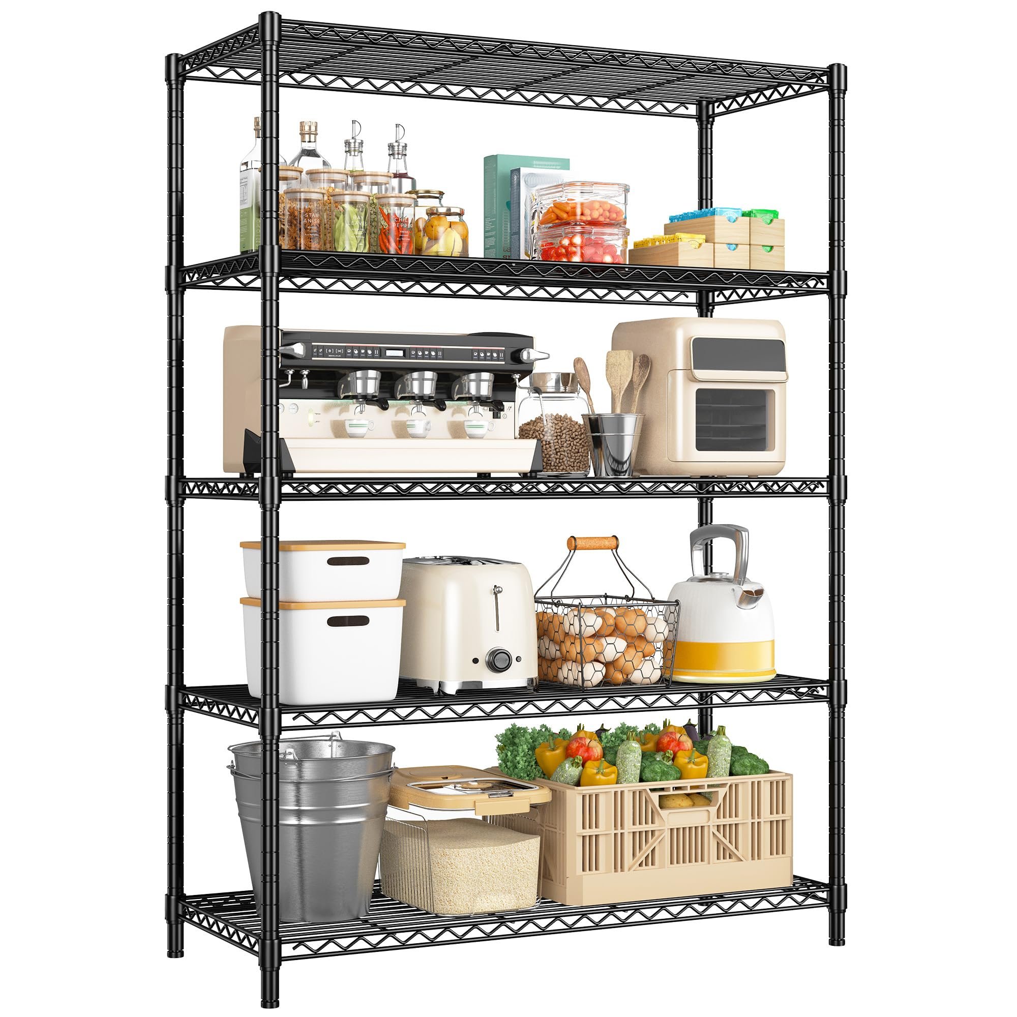 Romorgniz 5 Tier Storage Shelves 71"H Wire Shelving Adjustable Metal Shelving,1000LBS Pantry Shelves Sturdy Steel Wire Shelf for Kitchen Commercial Pantry Garage Warehouse ,71"H X35.5"W X13.8"D, Black