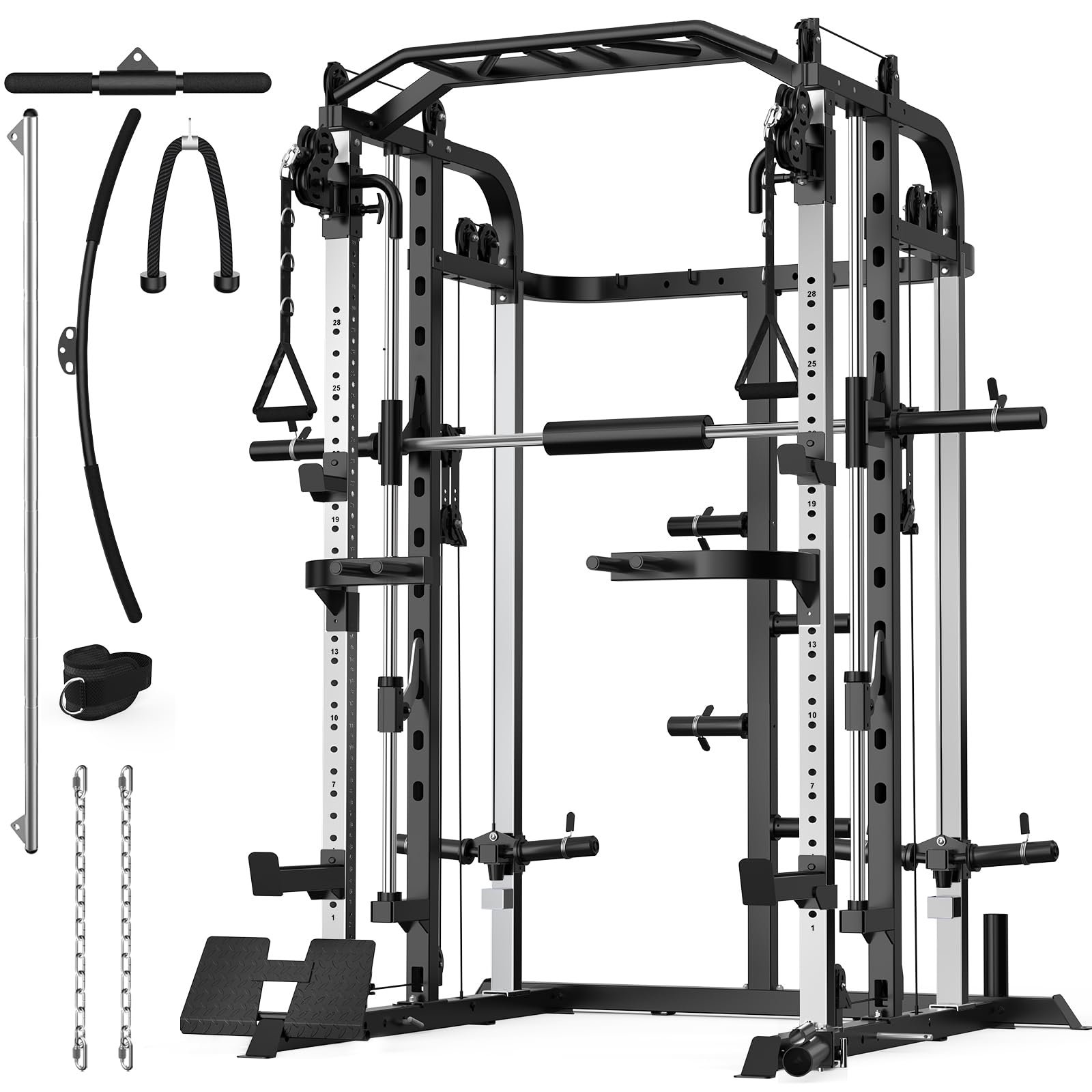 Smith Machine, Multifunctional Power Cage Rack with Smith Bar and Cable Pulley System, and LAT Pull Down Machine for Home Gym…